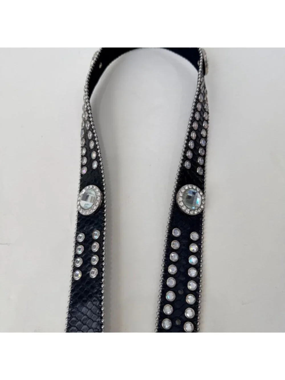 Y2K Western Leather Rhinestone Studded Belt Black Bling Horseshoe Buckle Boho Ro